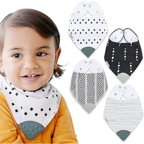 Bazzle Baby Bandana Teething Bibs 4-Pack – Cotton Drool Bibs for Boys & Girls, Silicone Teether for Teething Relief, Adjustable & Absorbent Baby Bibs for Drooling (Gray & White)