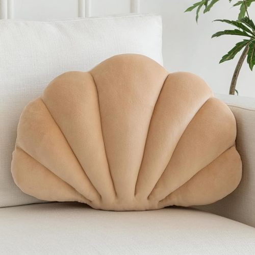 Shell Pillow, Shell Shaped Decorative Throw Pillows with Velet for Couch Bed, Cute Seashell Beachy Room Decor Aesthetic Throw Pillows for Bedroom Living Room(13x10 Inches, Champagne)
