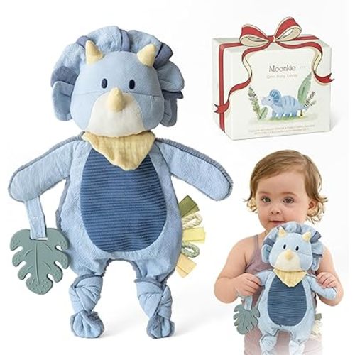 Moonkie Baby Lovey with Silicone Teether, Dinosaur Security Blanket with Textured Ribbons, Crinkle Toys, Soft Minky Velour & Natural Cotton, Newborn Boys Gifts for Baby Shower & Birthday