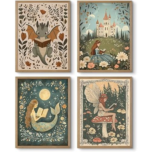 Nursery Fairy Dragon Wall Art Baby Room Reading Book Wall Decor Vintage Girl Dinosaur Canvas Prints Boy Whimsical Fantasy Poster Fairytale Princess Pictures Painting for Bedroom 8x10x4 Inch Unframed