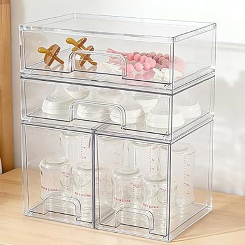 MINMUNJIU Baby Bottle Organizer, 4 Pack Clear Space-Saving Stackable Drawer with Handle, Baby Bottle Storage Organizer for Countertop and Cabinet