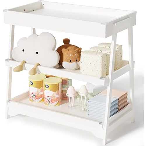 YUFU Baby Changing Table, Portable Diaper Changing Table with Changing Pad, Baby Diaper Changing Station with 2 Tier Storage Shelves for Newborn Baby and Infant, White