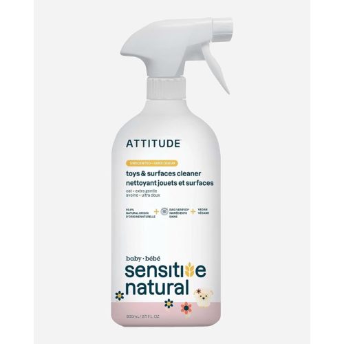ATTITUDE Baby & Kids Toy Cleaner Spray for Sensitive Skin, EWG Verified, Multi-Surface Cleaner for Toys, High Chairs & Play Areas, Naturally Derived, Vegan, Unscented, 27.1 Fl Oz