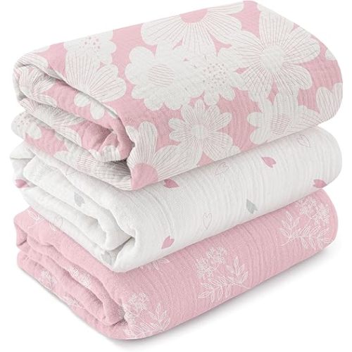 Muslin Swaddle Blankets for Newborn, 3-Pack Cotton Receiving Blankets, Large 40 x 38 inches, Baby Blankets for Boys and Girls, Wrap Burp Cloths, Pink Flower