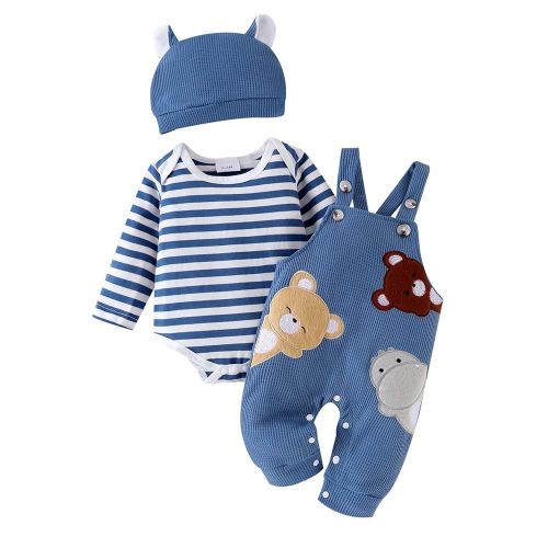 Baby Boy Clothes Newborn Striped Romper Fall Outfits + Infant Cartoon Suspender Overall + Cute Hat 3 Pcs 0-18 Months