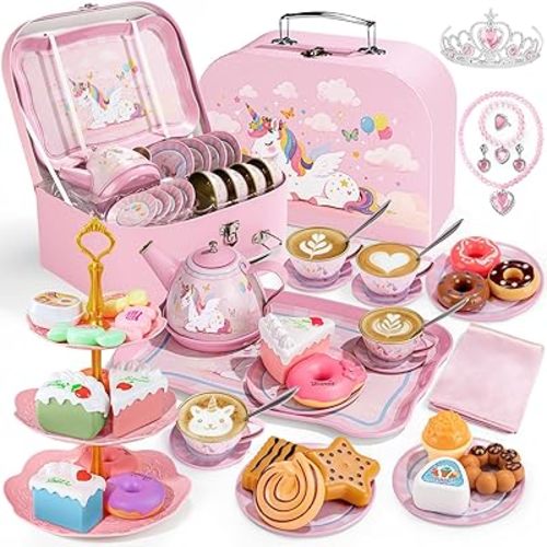 Tea Party Set for Little Girls, 49PCS Princess Tea Time Toys Including Tea Set Dessert Carrying Case, Toddler Girl Toys Kids Kitchen Pretend Playset, 3 - 8 Year Old Girl Birthday Children's Day Gifts