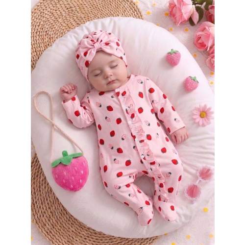 SHEIN Newborn Baby Girl 2pcs Set White Autumn Cute Photoshoot Romper With Cap Frill Front Zipper One-Piece Footie Comfortable Stripe Outfit For Party | SHEIN