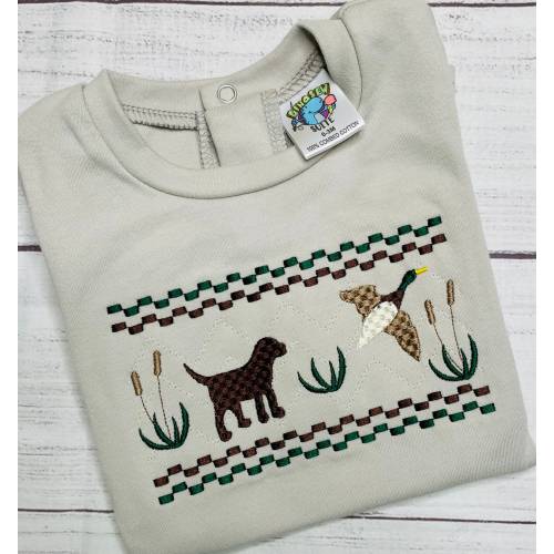 Embroidered hunting romper, Faux smocked duck & lab shirt, Boy dog shirt, baby boy hunting outfit,Duck hunt bubble,faux smocked lab and duck