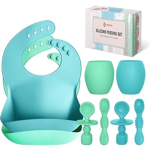 Baby Silicone Feeding Set - Baby Led Weaning Utensils, Silicone Bibs, Infant Feeding Cups For Boys, Girls, & Toddlers Smooth Waterproof Material For Practical Eating, Set of 8