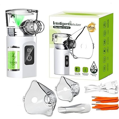Portable Nebulizer, Smart Mesh Spacer Machine IPX6 Waterproof for Adult and Kid for Home and Travel with 3 Modes, 1800 Large Rechargeable Battery for Home and Travel