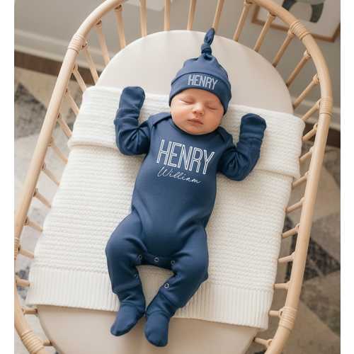 Newborn Baby boy coming home outfit, Baby Shower gift with name, Romper and hat outfit set