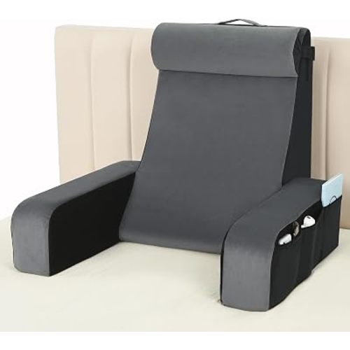 Vekkia 25" Extra-Large Reading Pillow for Tall Adults – 60° Ergonomic Wedge Back Pillow with Built-in Armrests, Adjustable Headrest & Large Pockets – Ideal for Sitting in Bed, Reading, TV, and Gaming