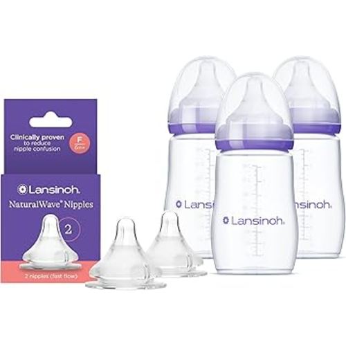 Lansinoh NaturalWave Fast Flow Nipples (2 ct) + 8 oz Anti-Colic Baby Bottles (3 ct) with Medium Flow Nipples, BPA/BPS-Free, Soft Silicone for Comfortable Feeding