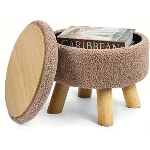 Ottoman Foot Rest, Small Round Ottoman with Storage, Boucle Teddy Velvet Footstool with Wood Legs, Soft Sponge Storage Ottoman for Living Room, Bedroom, Couch, Enterway (Cream)