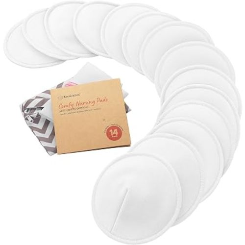 Organic Nursing Pads, 14 Washable Breast Pads,Wash Bag (Soft White, L 5")
