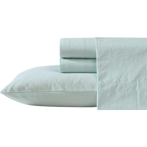 Nautica – Twin XL Size Sheet Set, Crisp Cotton Percale Bedding with Matching Pillowcase, Lightweight & Breathable Bed Sheets, Deep Pocket, College Dorm Room Essentials (Penny Pinstripe Green)