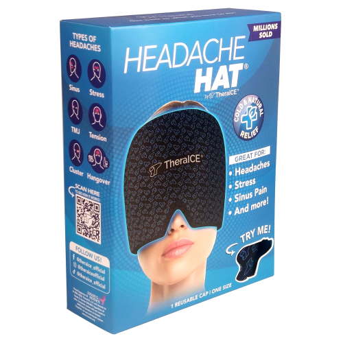 TheraICE Migraine Relief Cap, Soothing Headache Hat Ice Pack Mask, Face Cold Compress Cooling Gel Head Wrap Products for Tension, Stress & Hangover