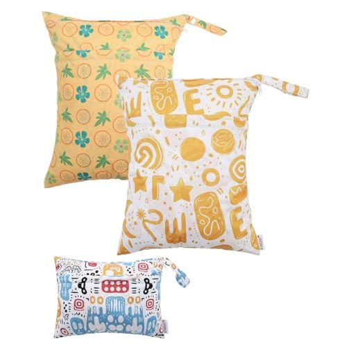 ALVABABY 3 Cloth Diaper Wet Dry Bags Waterproof Reusable with Two Zippered Pockets Travel Beach Pool Daycare Soiled Baby Items Yoga Gym Bag for Swimsuits or Wet Clothes Small medium Large 3L-SML05