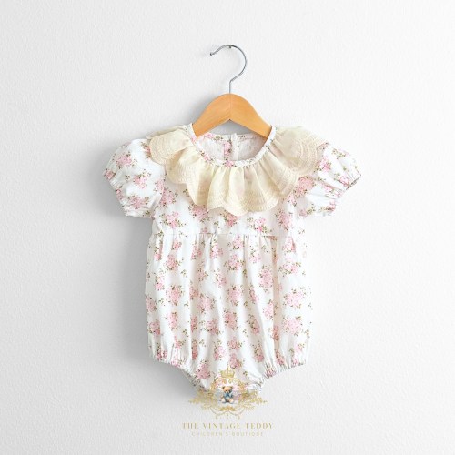 Girls Embroidered Lace Bib Collar Floral Roses Romper Bubble Pink & Cream