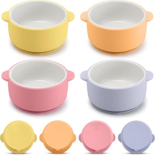 Domensi 4 Sets Kids Porcelain Bowls with Suction Sleeves Toddler Suction Bowl Upgrade Durable Microwave Dishwasher Safe Cereal Soup Snack Dishes for Baby Children Feeding Supplies (Bright Colors)