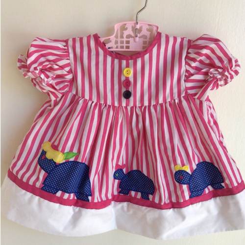 Vintage Nannekids Baby Girl Dress Pink Stripes Turtle Sz 6-9M