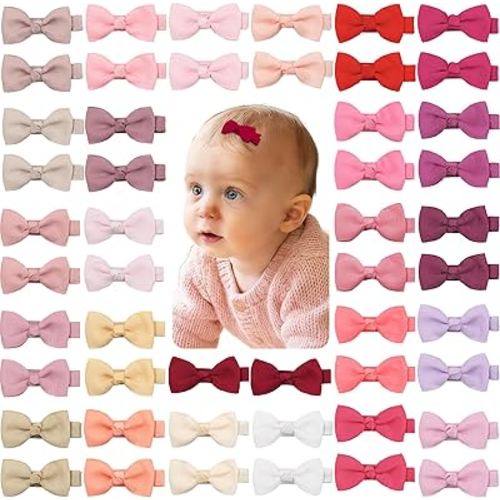CELLOT Baby Girls Fully Lined Hair Bows Hair Pins, 2' Hair Bows, 50 Pieces/25 Pairs - Infants, Toddlers, Kids Hair Accessories in Pairs - Pink Bow Alligator Hair Clips