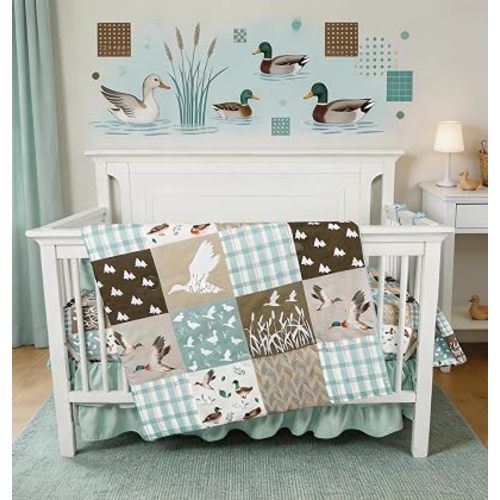 4-Piece Crib Bedding Set for Girls Boys, Baby Crib Bedding Set for Newborn & Infant, Neutral Nursery Bed Set Includes Comforter, Fitted Sheet, Crib Skirt, and Diaper Stacker