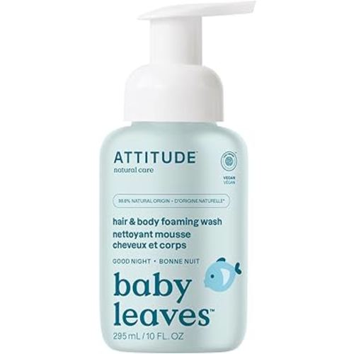 ATTITUDE 2-in-1 Hair and Body Foaming Baby Wash, EWG Verified Shampoo Soap, Dermatologically Tested, Made with Naturally Derived Ingredients, Vegan, Good Night, 10 Fl Oz