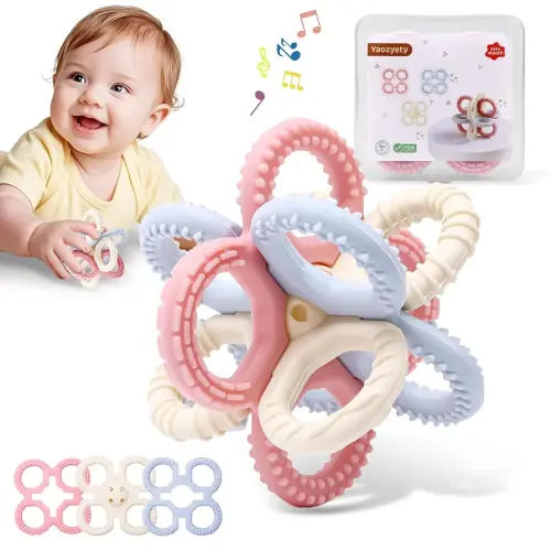 Baby Teething Toys 3 in 1 Silicone Teethers - BPA Free Food Grade Silicone Teething Ring Rattle Toys for Babies 3-6 Months 6-12 Months, Soft & Easy Hold, Baby Chew Toy for Toddlers (Pink)
