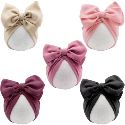 DRESHOW BQUBO 5 PCS Baby Cotton Hats Big Bow Knotted Headwrap Turban Baby Infant Beanie Baby Girl Soft Toddler Cap for Winter