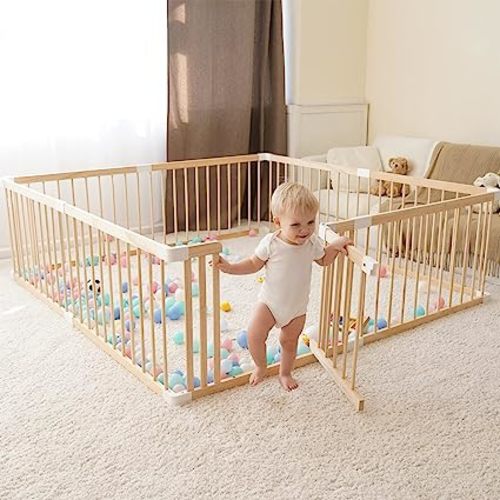 GGF Wooden Baby Playpen, 63x47 Large Wood Gate Playpen for Babies and Toddlers, Baby Fence Play Yard with Door for Kids Activity Center