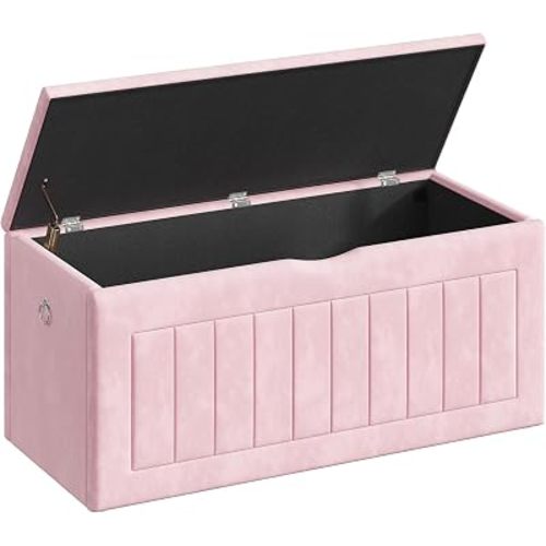 HOOBRO Velvet Toy Box, Storage Bench with Safety Hinges and Pull Rings, 39.4" Toy Chest for Kids Room, Bedroom, Living Room, Pink PK210CW01G2