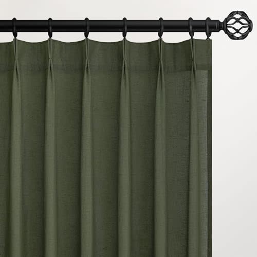 Olive Green Linen Semi Sheer Curtains 86 Inches Long,Spring Boho Natural Bedroom Living Room Home Decor,Cotton Linen Blended Light Filtering Pinch Pleated Window Curtain 7.17ft Panels Set of 2