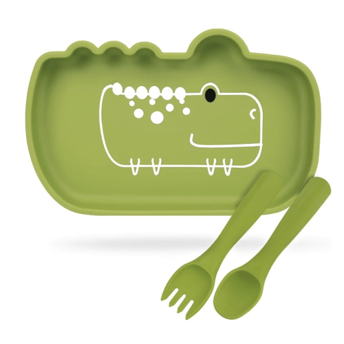 Toddler Plate and Utensil Set, Silicone Plate & Non-Slip Base for Baby - Crocodile Shapes Food Plate with Fork & Spoon, Perfect for Self-Feeding (Crocodile)
