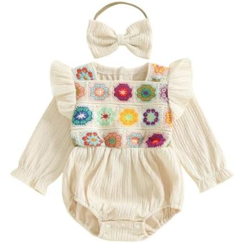 Baby Infant Girl Romper Crochet Flying Long Sleeve Bodysuit With Bow Headband 2 Pcs Set Fall Clothes