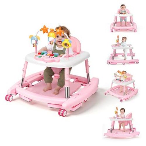 5-in-1 Baby Walker, Foldable Adjustable Activity Walker with Bouncer, Music, Toys, Feeding Tray for 6-18 Months,Pink