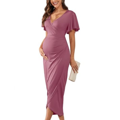 AISWI 2025 Womens Maternity Wrap Dress V Neck Ruffle Sleeves Semi Formal Baby Shower Photoshoot Party Cocktail Pregnancy