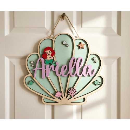 Personalized Ariel Mermaid Baby Name Sign for Nursery, Seashell Kids Room Decor, Custom Door Hanger for Baby Girl Room, Unique Baby Gift