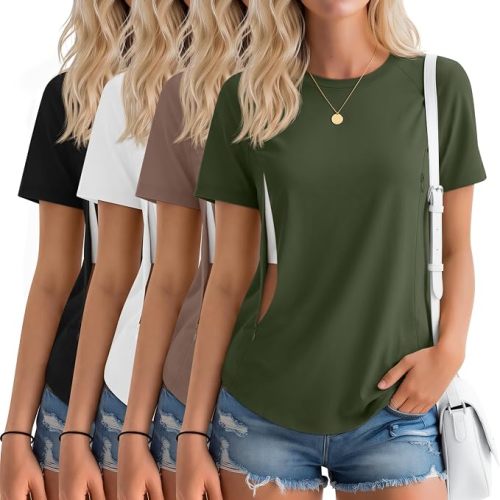Huukeay 4 Pack Women's Nursing Breastfeeding Shirts | Hidden Zipper Nursing Tops, Two Side, Short Sleeve, Crewneck, Casual, Loose, Tunic Fit, Postpartum, Shopping, Travel, Home