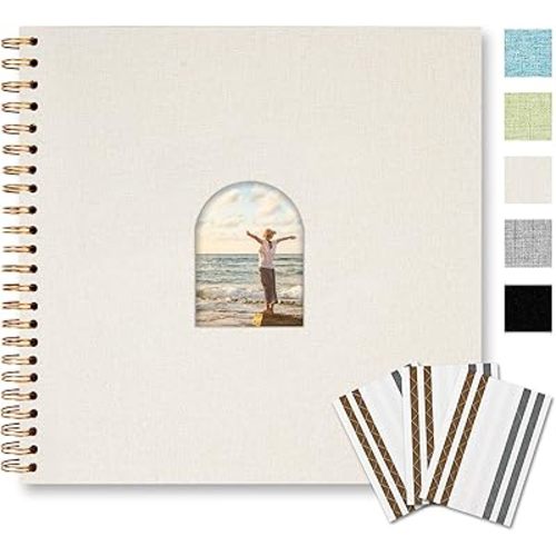 Vienrose 12x12 Inch Scrapbook Album, 40 Sheets 80 Blank Thick Pages Personalized DIY Photo Album, Linen Arch Window Memory Book for Wedding, Baby Shower, Anniversary, Travel, Keepsake Gift, Beige