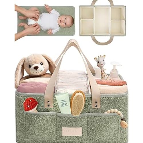 Baby Diaper Caddy Organizer with Portable Changing Mat - Teddy Fleece Diaper Organizer for Changing Table - Basket for Changing Essentials - Baby Essentials Organizer with Removable Dividers