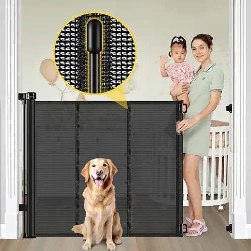 Reinforced 42” Extra Tall Retractable Baby Gates with Rods, Extends up to 60” Wide, Tall Retractable Dog Gate for Doorways Prevent Crawling Through Mesh Pet Gate Indoor Outdoor, Black