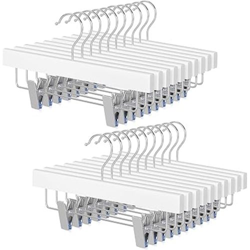 TOPIA HANGER 11.8 Inch White Wooden Pants Skirt Hangers for Kids Baby Toddler Children, Extra Thick Chrome Hooks & Anti-Wrinkle Premium Flat Clips 20 Pack CT09PW20
