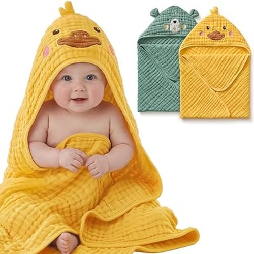 Blissful Diary Muslin Baby Hooded Towel 2 Pack, Soft & Absorbent Bath Towel for Infant, Toddler, Unisex, Baby Gift, Newborn Essentials, Smart Bear & Sunny Duck