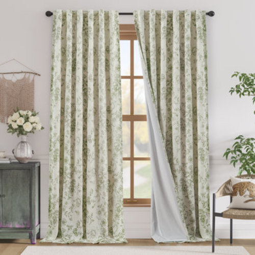 Linen Blackout Peony Flower Printed Rod Pocket Curtain Pair | Wayfair