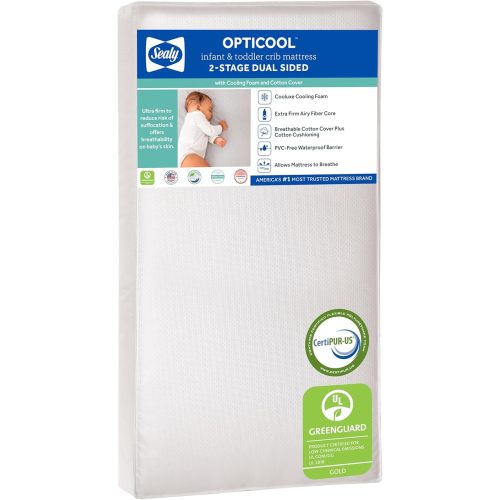 Sealy Baby OptiCool Breathable Crib Mattress, GREENGUARD GOLD Certified, Made in USA, Toddler Bed Fit, 2 Stage Cooling Memory Foam, Non Toxic, Airy Cotton Cover, Safety & Quality Tested, 52x28"