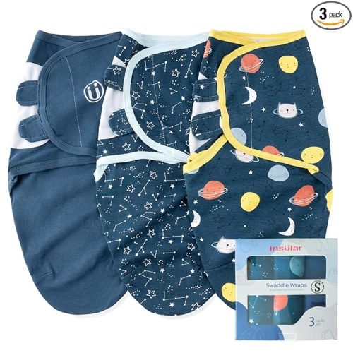 insular Baby Swaddle Wrap, Swaddle Blanket for Newborn and Infant, Adjustable Swaddling Set for Boy and Girl, Soft Cotton Baby Sleep Sack 3 Pack, Space, Small(0-3 Month)