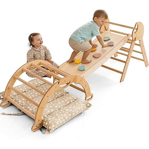 Goodevas 5-in-1 Toddler Climbing Toys Indoor Set - Pikler Triangle, Climbing Arch, Balance Cushion, Montessori Climbing Gym for Toddlers 1-3, Foldable Wooden Baby Activity Center, Jungle Gym for Kids