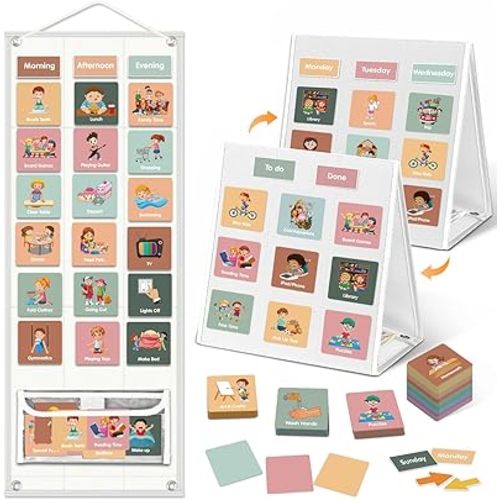 Large Visual Schedule for Kids Chore Reward Chart,Bedtime Routine Chart for Toddlers,Double Side Schedule Board with 109 Cards for Home School Planner,Autism Learning Materials (White)