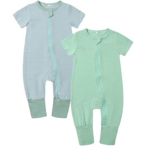 BeiVSlley Baby Boy Girl's 2 Pack Summer Short Sleeve Rompers Infant Cotton Coveralls Toddler Zip front Outfits Clothes